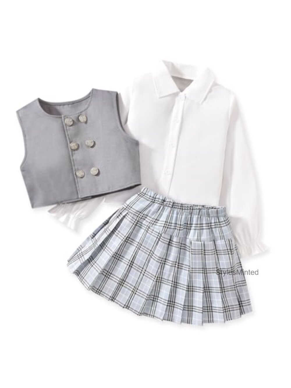 Girls Button Down Vest Long Sleeve Shirt Plaid Pleated Skirt Set